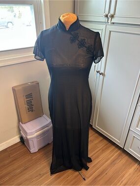 Jessica Howard Black Sheer Mandarin Collar Maxi Dress with Floral Appliqué